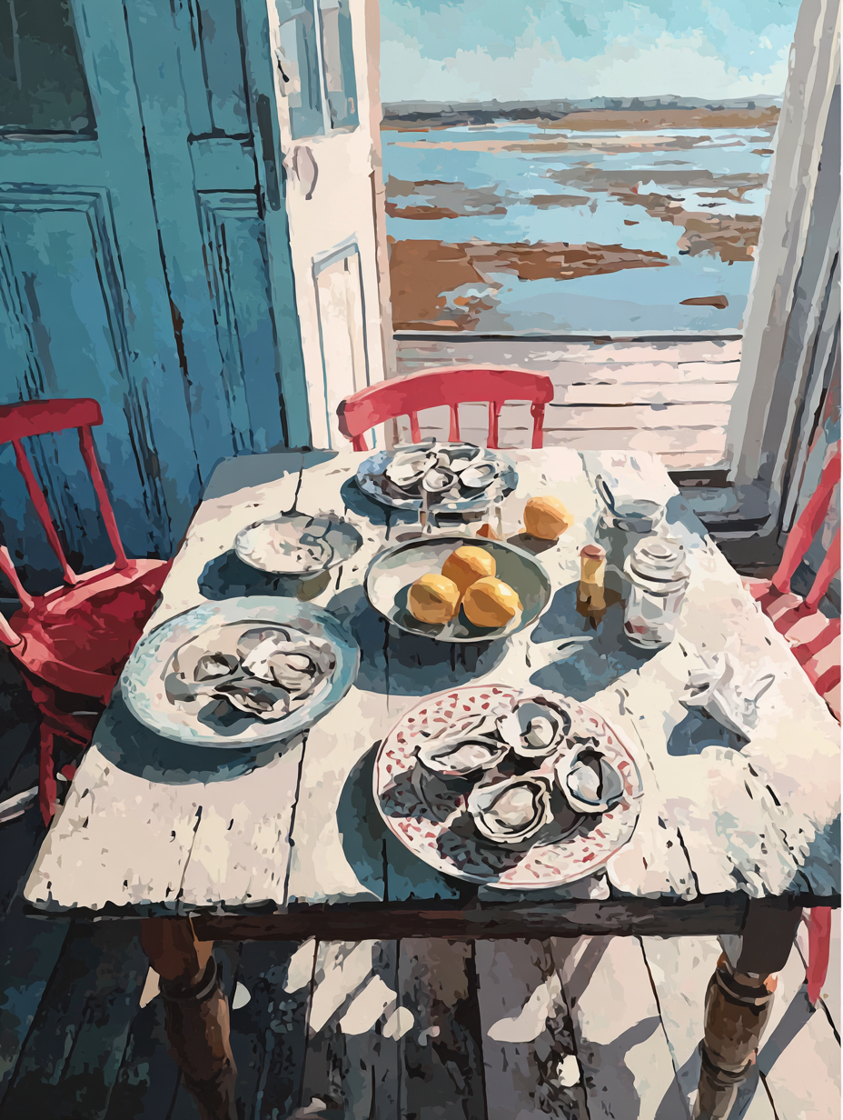 a serene seaside scene with a table set for a meal, featuring a plate of oysters, a bowl of lemons, and a jar of honey. The table is situated near a window overlooking the ocean, creating a picturesque and inviting atmosphere.