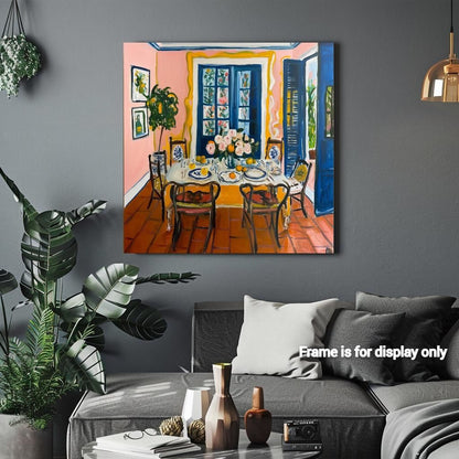 a cozy living room with a large painting of a dining room on the wall, featuring a table set for a meal with chairs surrounding it. The room is decorated with various plants and vases, creating a warm and inviting atmosphere.