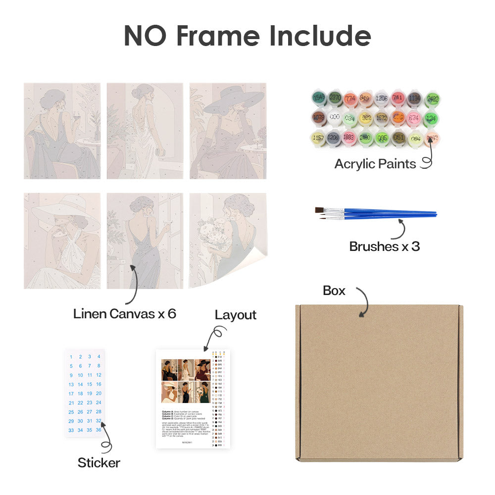 various art supplies and materials, including a "NO Frame Include" sign, acrylic paints, brushes, a box, a liner canvas, and a sticker.