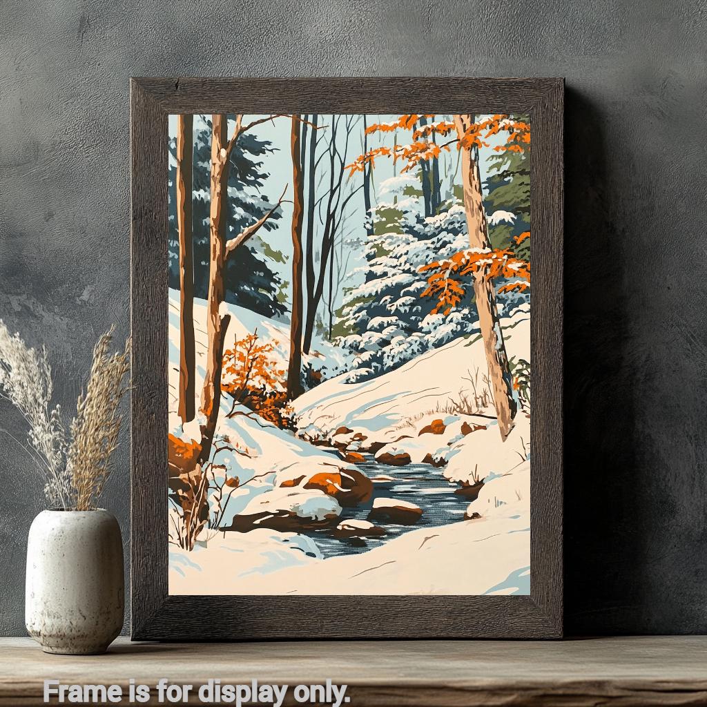 a painting of a stream in a snowy forest