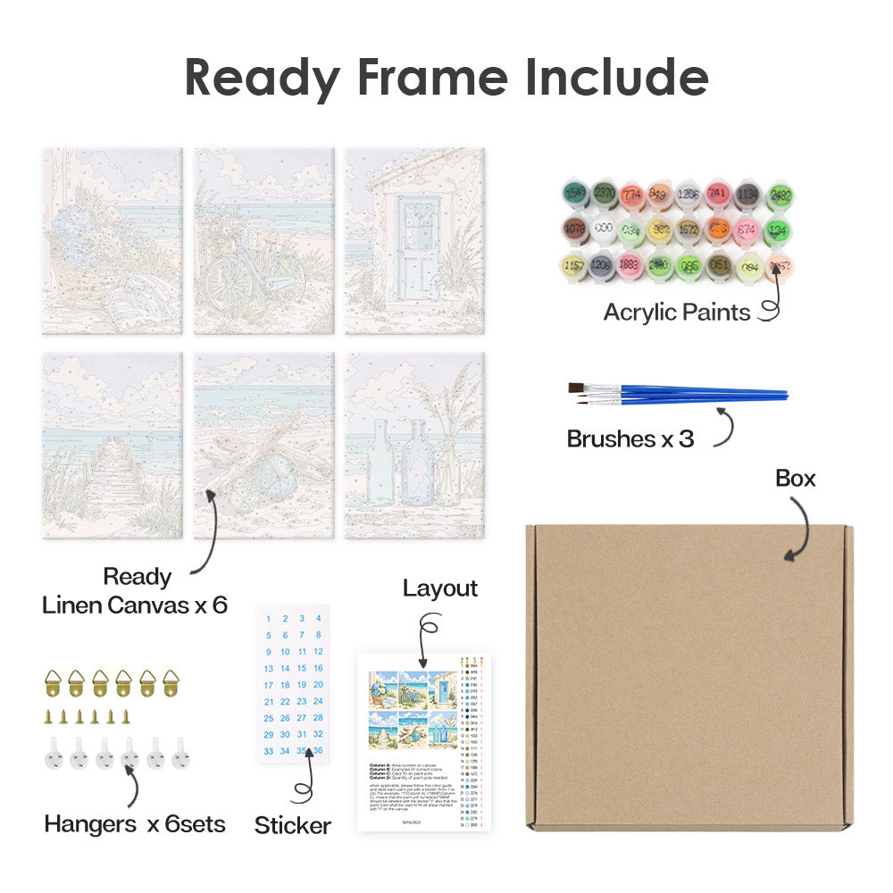 various art supplies and materials, including a ready frame, acrylic paints, brushes, a box, a layout, and a sticker.
