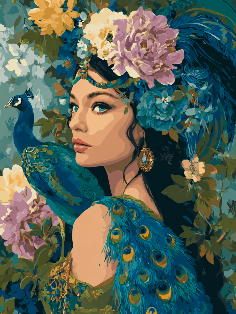 A woman with a peacock perched on her shoulder is surrounded by a vibrant array of colorful flowers and foliage.