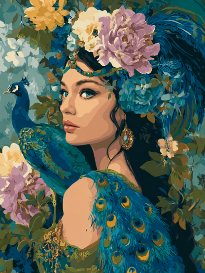 A woman with a peacock perched on her shoulder is surrounded by a vibrant array of colorful flowers and foliage.
