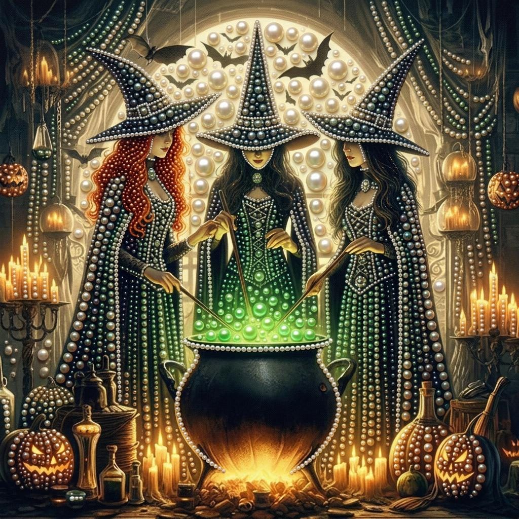 three women dressed as witches, each wearing a pointed hat and standing around a large cauldron filled with bubbling green liquid. The background is filled with various Halloween-themed elements, including pumpkins, bats, and candles, creating a spooky and festive atmosphere.