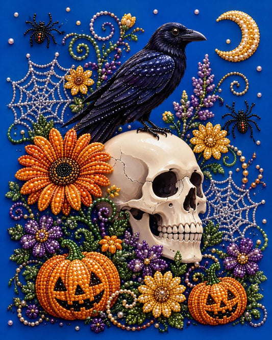 A black crow perches on a white skull, surrounded by a variety of Halloween-themed elements such as flowers, pumpkins, and spiderwebs against a blue background.
