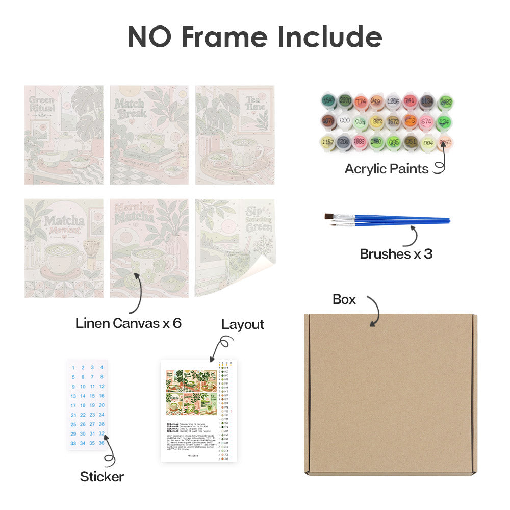 various art supplies and materials, including a "NO Frame Include" sign, acrylic paints, brushes, a box, a sticker, and a linen canvas.