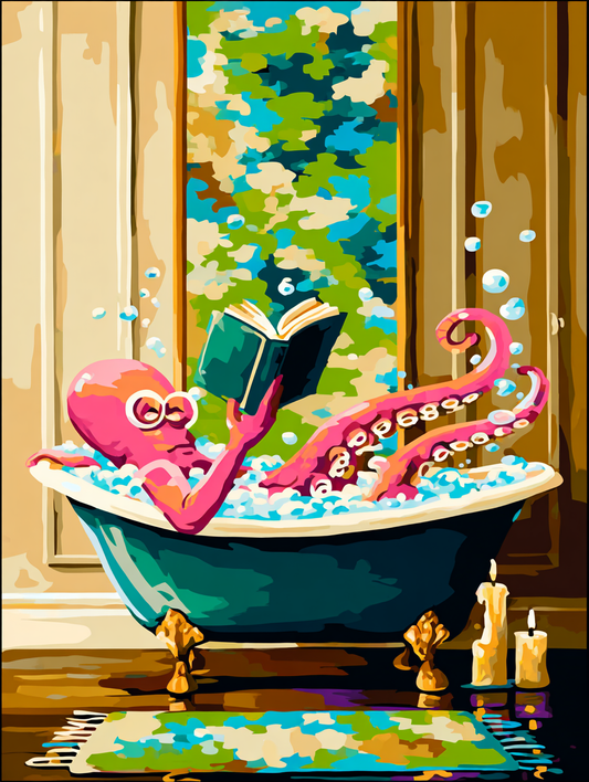 An octopus is sitting in a bathtub, reading a book and surrounded by bubbles, with candles and a colorful rug in the background.