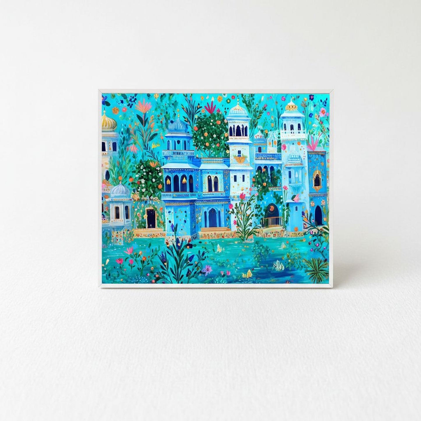 A vibrant and colorful painting depicting a fantastical underwater cityscape with various architectural structures and elements, including buildings, trees, and flowers, all set against a backdrop of blue and green hues.
