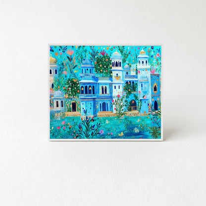 A vibrant and colorful painting depicting a fantastical underwater cityscape with various architectural structures and elements, including buildings, trees, and flowers, all set against a backdrop of blue and green hues.