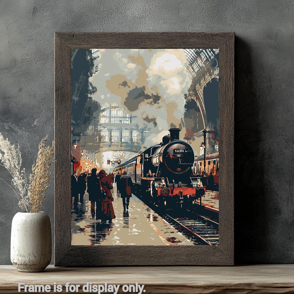 a painting of a train on a train track