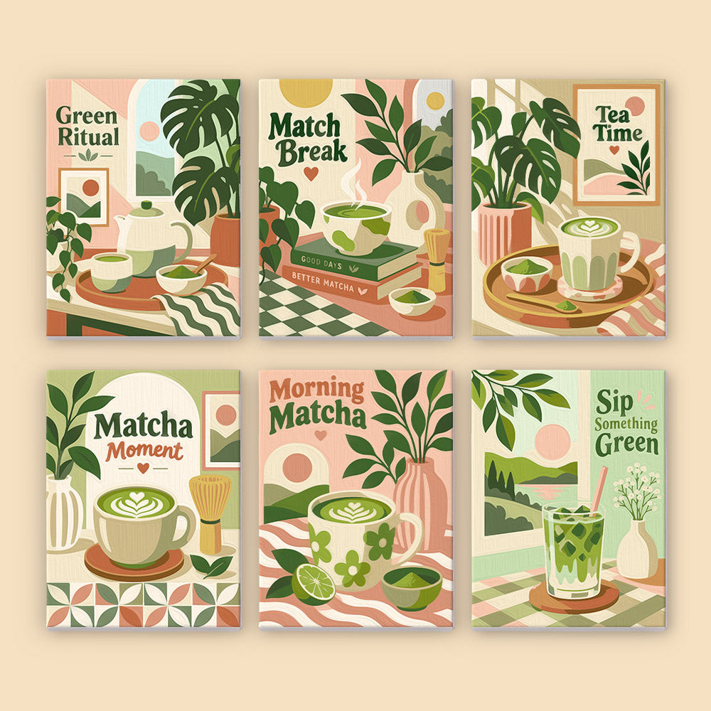 six different illustrations of matcha lattes and green teas, each with a unique design and background. The illustrations include a teapot, a cup of matcha, a plant, a book, a vase, and a potted plant. The background of each illustration is a different color, creating a visually appealing and harmonious composition.