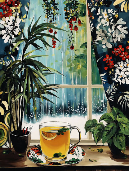 A cozy scene with a cup of tea, a potted plant, and a window overlooking a rainy day.