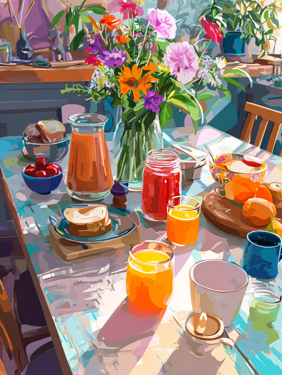 A vibrant and colorful still life painting depicting a table set with various breakfast items, including a vase of flowers, a pitcher of orange juice, a bowl of fruit, and a plate of toast.