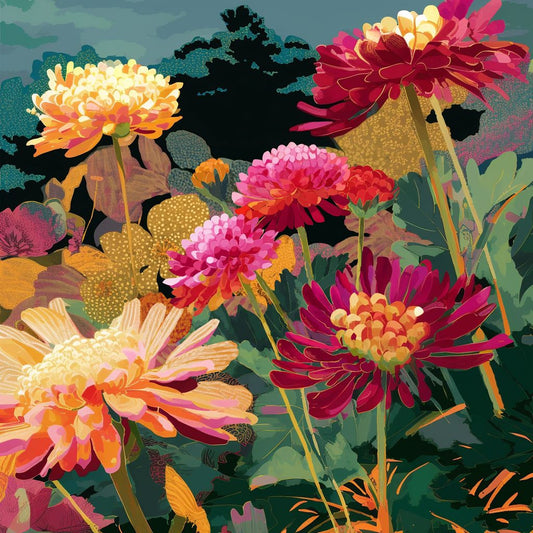 The image is a vibrant and colorful illustration featuring a variety of flowers in shades of yellow, pink, red, and orange, set against a lush green background with some foliage.