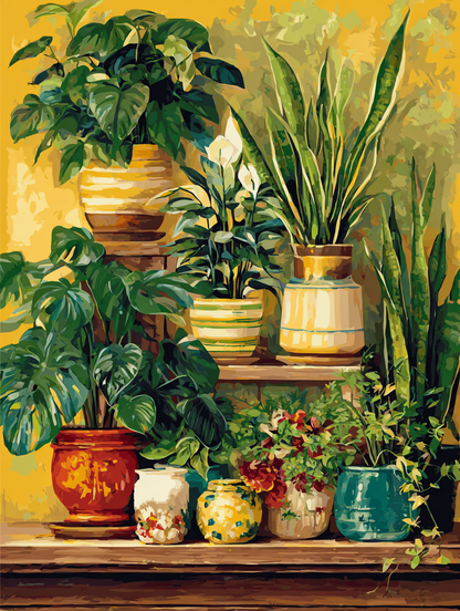 a variety of potted plants arranged on a shelf, creating a lush and vibrant display.