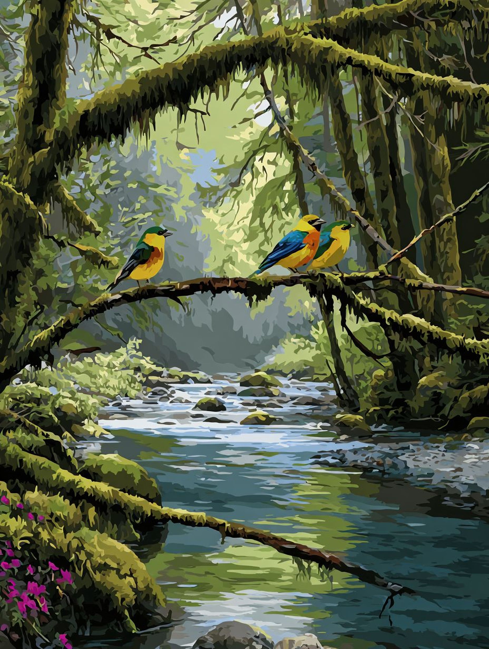 A vibrant painting depicting three colorful birds perched on a moss-covered branch overlooking a flowing river in a lush, verdant forest.