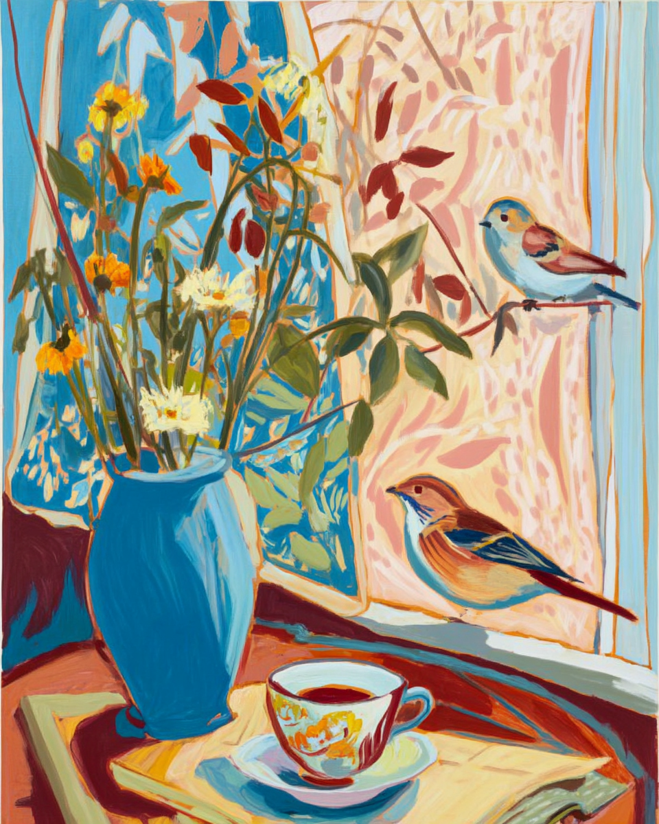 The image is a vibrant and colorful painting depicting a vase of flowers, a cup of tea, and two birds perched on a windowsill.