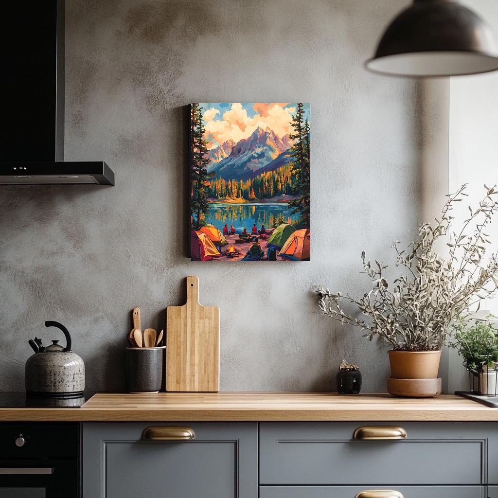 a painting on a wall above a kitchen counter
