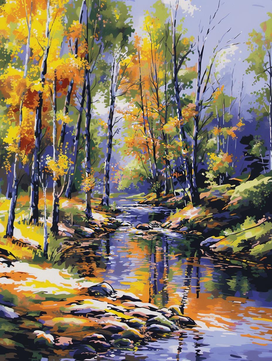 a painting of a stream running through a forest