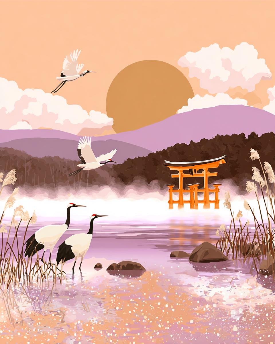 A serene Japanese landscape with a temple, two cranes, and a large sun in the sky.