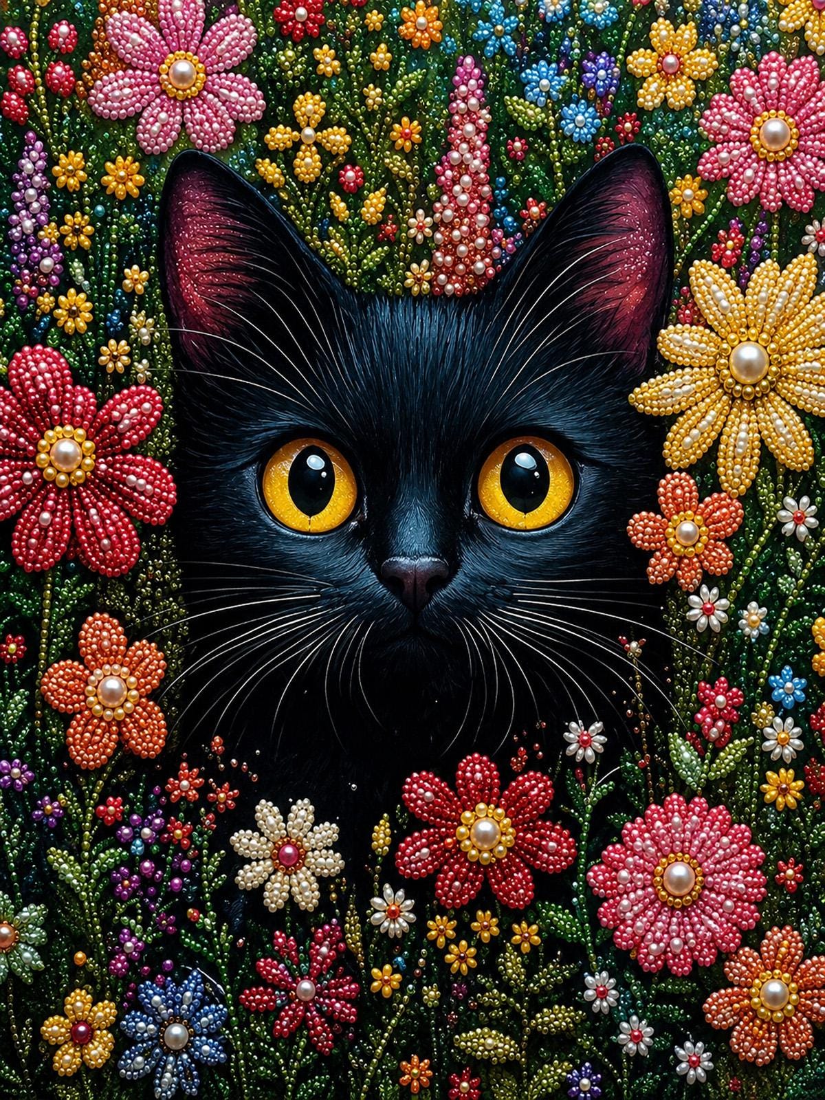 A close-up of a black cat's face peeking out from a colorful floral background.