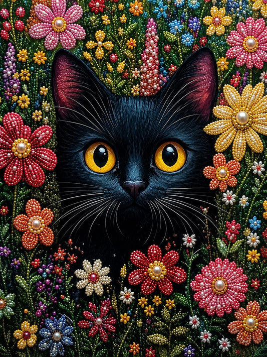 A close-up of a black cat's face peeking out from a colorful floral background.