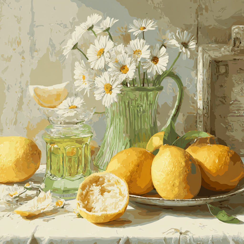 a still life arrangement featuring a vase of white daisies, a glass jar, and a plate of oranges on a table.