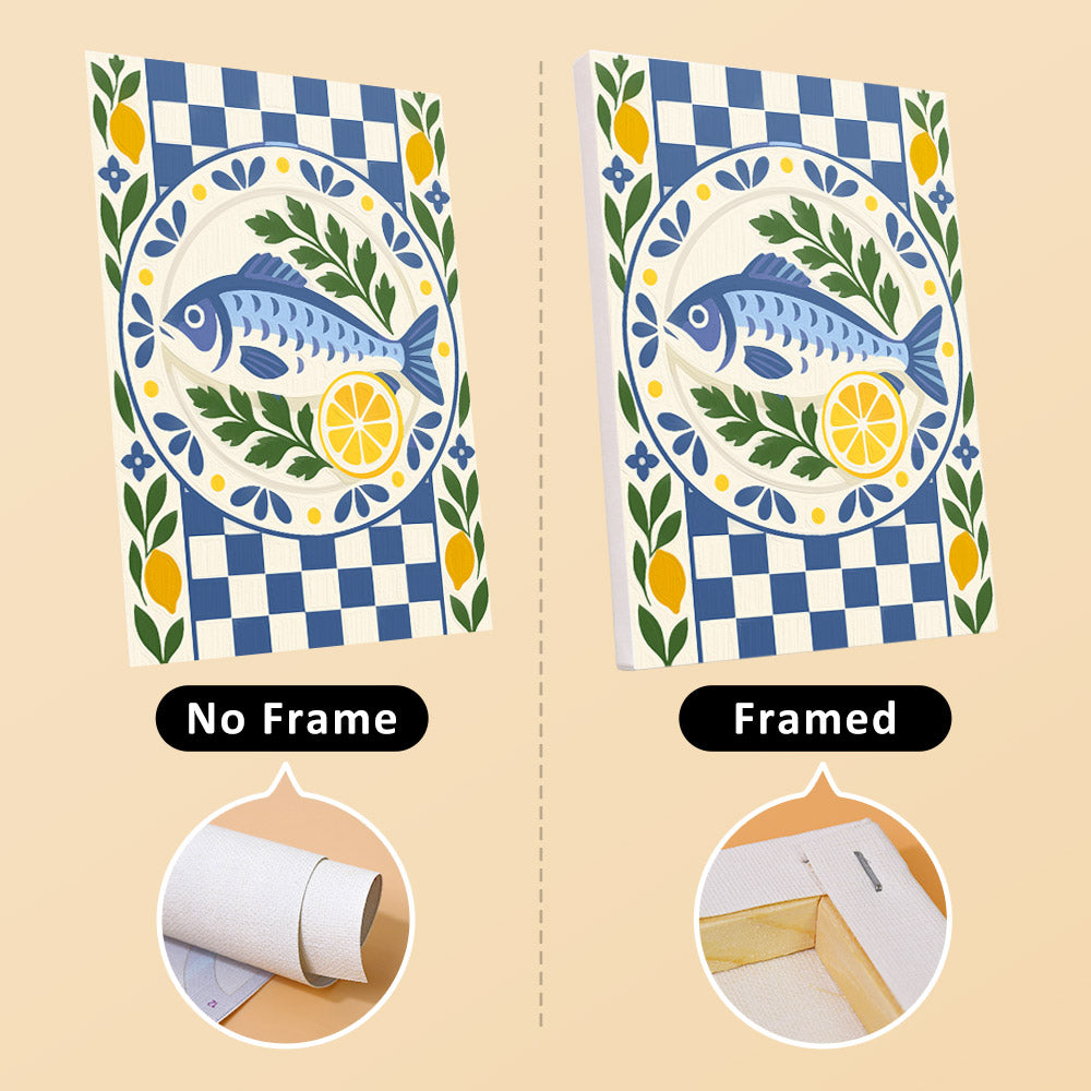The image is a comparison of two framed and two unframed images of the same design. The framed image is placed inside a frame, while the unframed image is not.