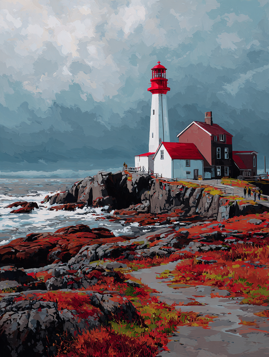 A red and white lighthouse stands on a rocky shore, overlooking the ocean with a cloudy sky in the background.
