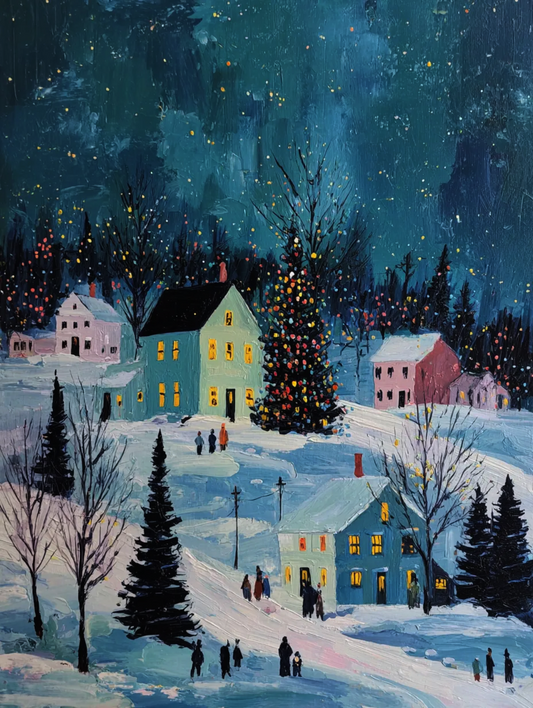 a snowy village scene with a large Christmas tree in the center, surrounded by houses and trees. People can be seen walking around the village, and the sky is filled with stars, creating a magical atmosphere.