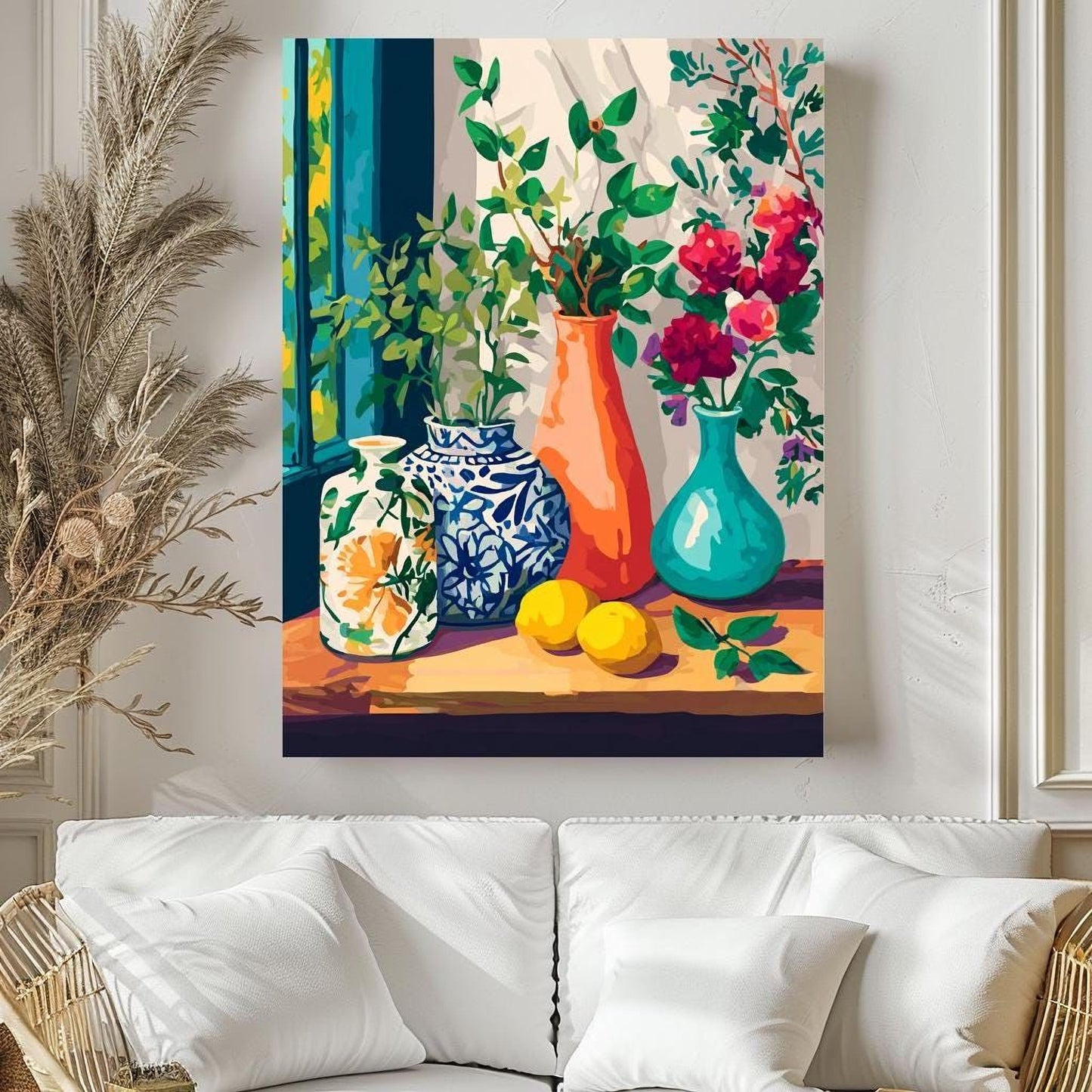 a vibrant painting of a still life arrangement with three vases and two lemons, set against a backdrop of a window and a plant.