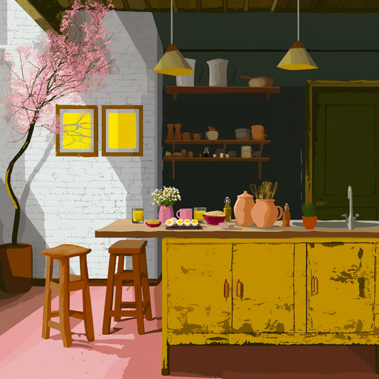 a cozy and inviting kitchen scene, featuring a rustic wooden table with a yellow cabinet, a sink, and various kitchen accessories such as bowls, cups, and bottles. The kitchen is adorned with a pink flowering tree, adding a touch of nature and color to the space. The overall atmosphere is warm and welcoming, with a harmonious blend of natural and man-made elements.