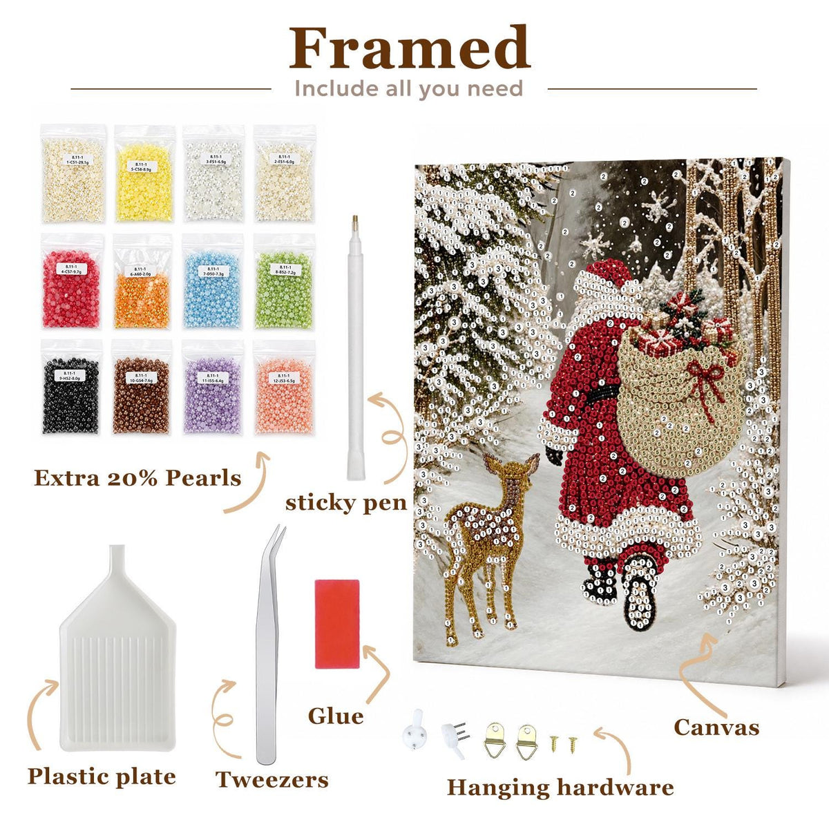 The image is a framed painting depicting a snowy scene with a person in a Santa suit carrying a sack of presents. The painting includes various craft supplies such as extra pearls, sticky pens, glue, plastic plate, tweezers, and hanging hardware.