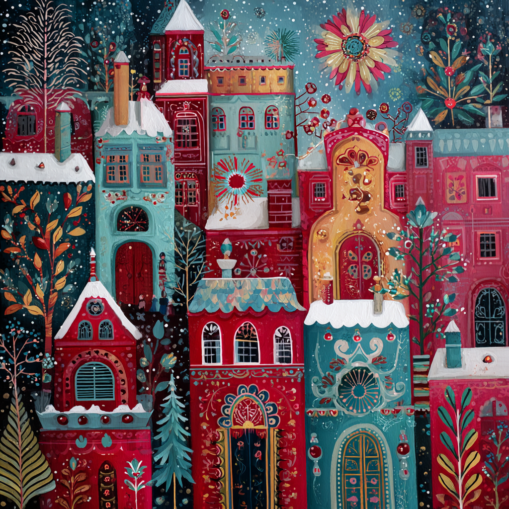 The image is a vibrant and whimsical painting depicting a fantastical cityscape with colorful, ornate buildings, trees, and a starry night sky.