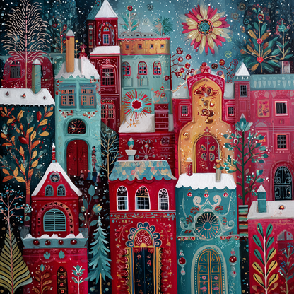 The image is a vibrant and whimsical painting depicting a fantastical cityscape with colorful, ornate buildings, trees, and a starry night sky.