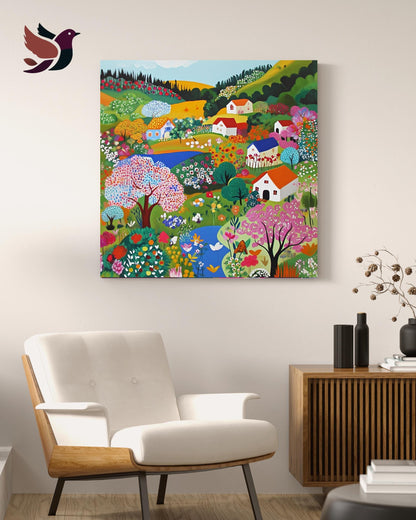 a vibrant, colorful painting of a rural landscape, with a variety of flowers, trees, and houses, hanging on a wall above a white chair in a living room setting.
