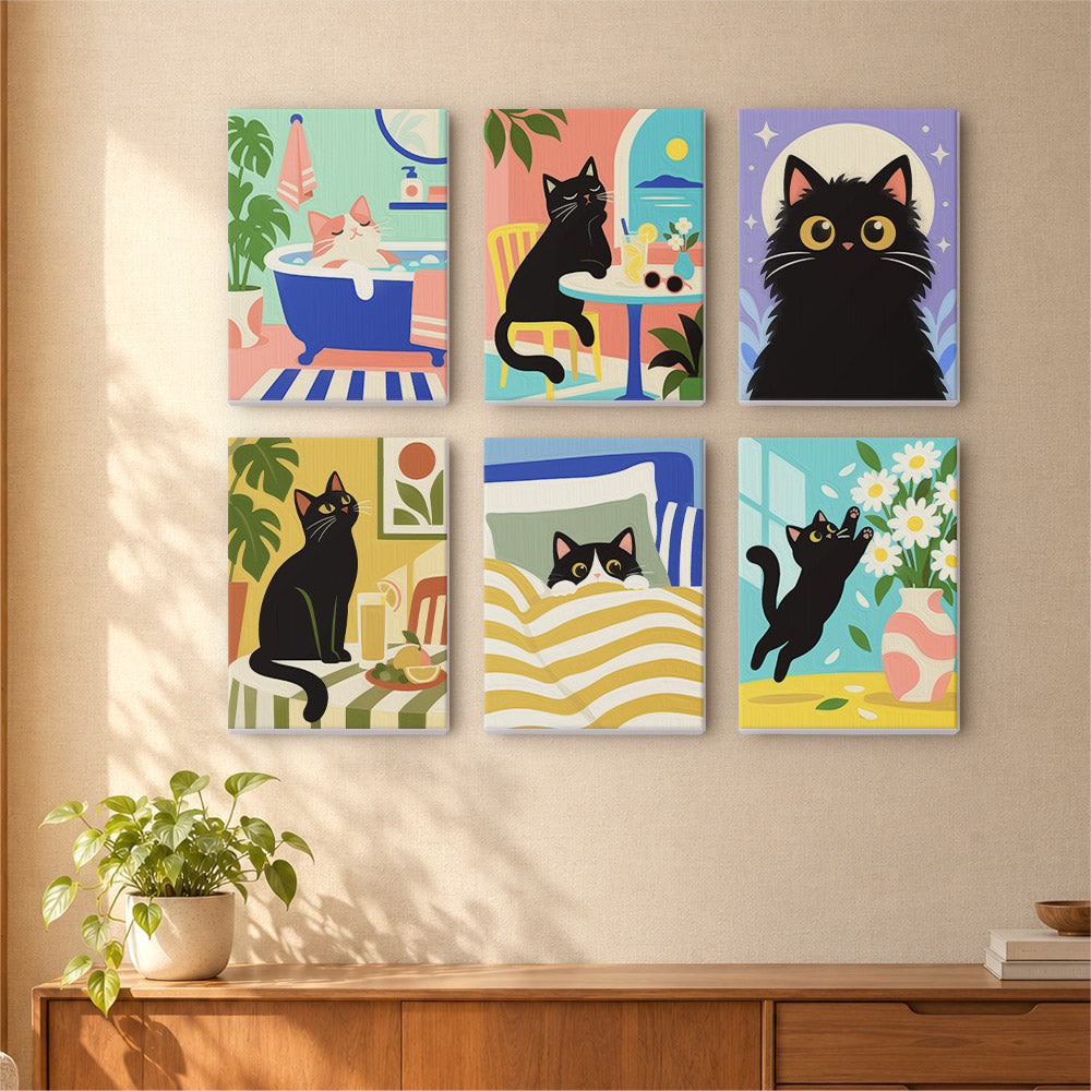 A wall with six colorful paintings of cats in various poses and settings, including a cat in a bathtub, a cat sitting on a bed, and a cat playing with flowers.