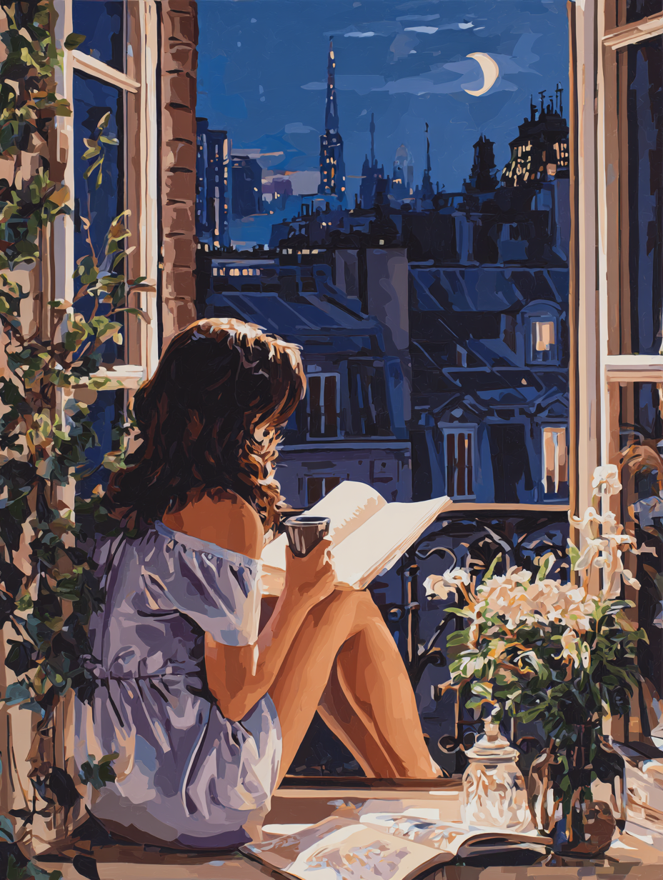 A woman sits on a windowsill, reading a book and enjoying the view of a city skyline at night, with a crescent moon visible in the sky.