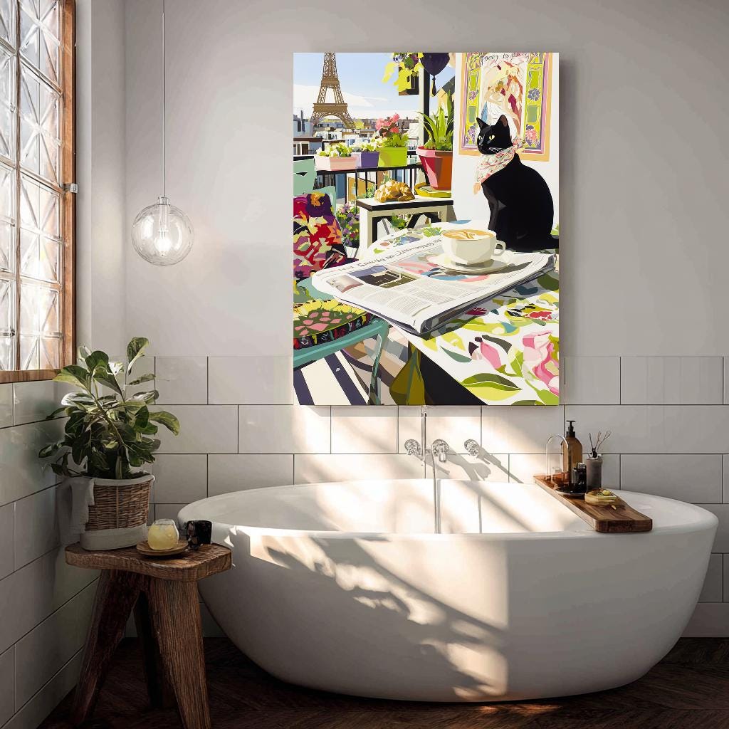 a bathroom scene with a large painting of a cat sitting on a table, surrounded by various objects such as a cup, a bowl, and a potted plant. The painting is hanging on the wall above a white bathtub, which is positioned next to a window.