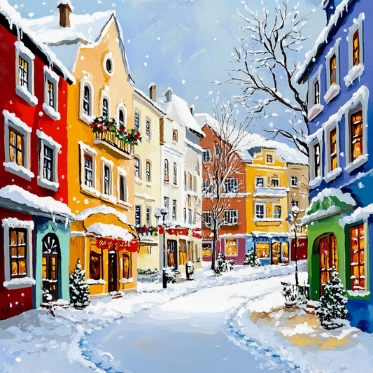 A vibrant winter scene of a small town street, with colorful buildings, snow-covered trees, and a clear blue sky.