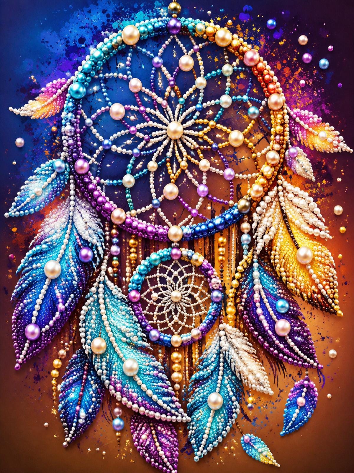 a painting of a dream catcher with beads and pearls
