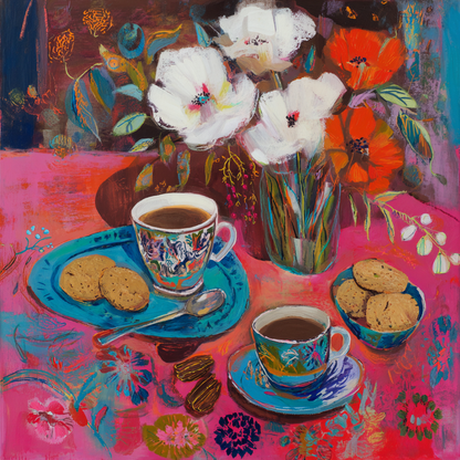 The image is a vibrant and colorful still life painting featuring a table with a vase of flowers, a plate of cookies, and two cups of coffee.