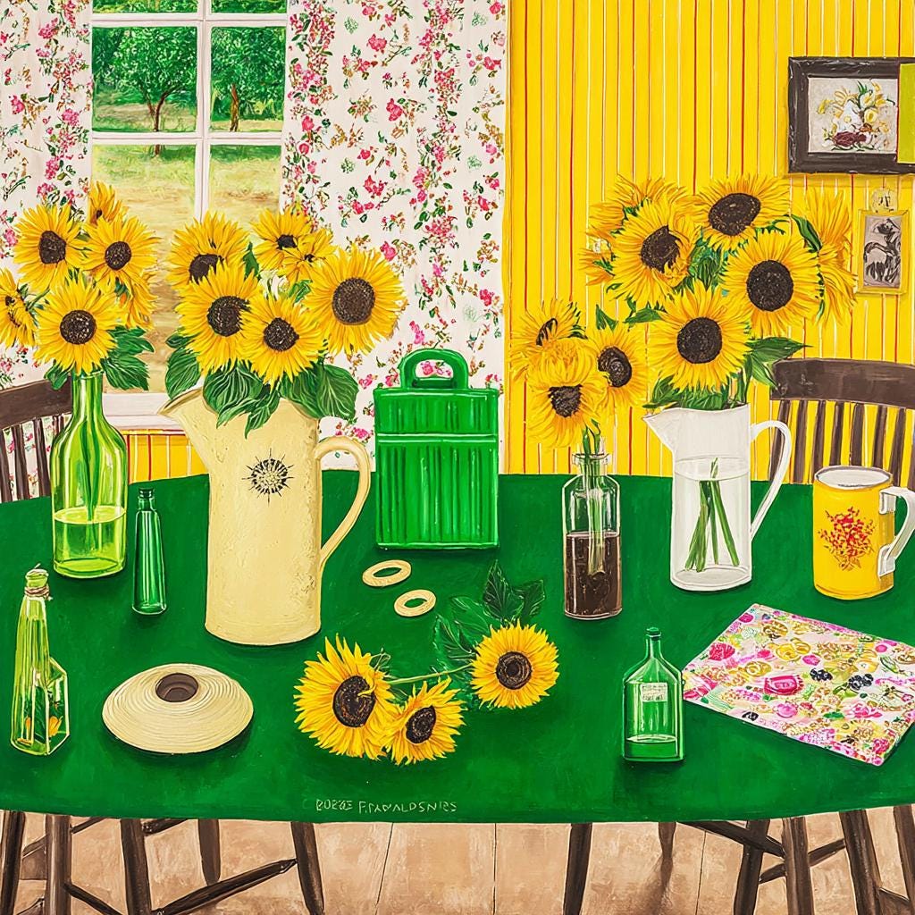 The image is a vibrant painting depicting a sunny day scene with a table set for a meal, featuring a variety of sunflowers in vases, a pitcher, and other decorative elements.