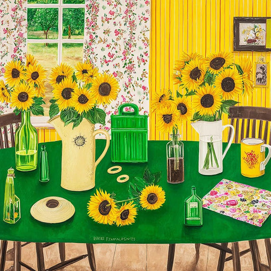 The image is a vibrant painting depicting a sunny day scene with a table set for a meal, featuring a variety of sunflowers in vases, a pitcher, and other decorative elements.