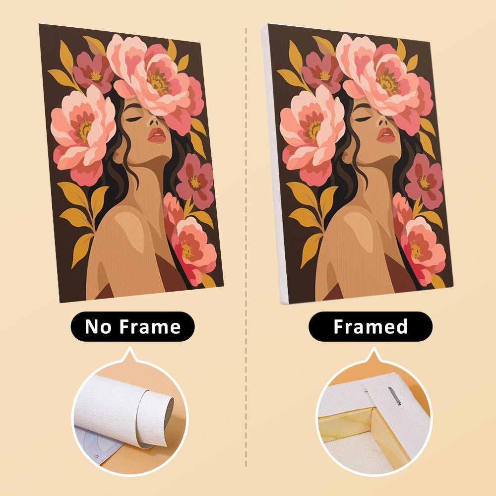The image is a comparison between a framed and a framed version of the same artwork. The framed version is shown with a frame, while the unframed version is depicted without a frame.
