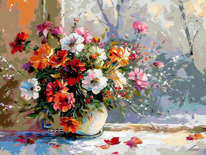 A vibrant bouquet of colorful flowers in a vase, set against a blurred background of trees and foliage.