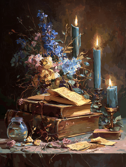 a still life arrangement with a vase of flowers, a stack of books, and two lit candles on a table.