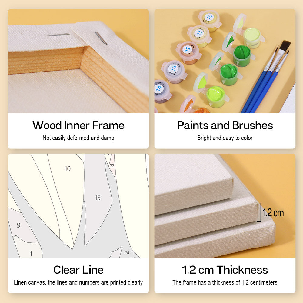 The image is a collage of four photos, each depicting different aspects of painting and canvas materials. The photos include a wood inner frame, paints and brushes, a clear line, and a linen canvas.