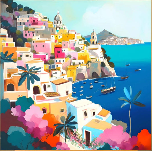 The image is a vibrant and colorful painting depicting a picturesque coastal town nestled on a cliff overlooking the sea. The town is densely packed with buildings in a variety of bright hues, creating a lively and bustling atmosphere. The deep blue sea is dotted with several boats, adding to the coastal charm of the scene. The painting is a lively and dynamic representation of a coastal town, with the colors and details capturing the essence of a beautiful seaside destination.