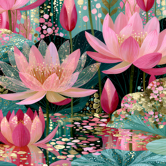 The image is a vibrant and colorful illustration featuring a variety of pink and green flowers, including lotus flowers, surrounded by water and leaves. The overall composition is visually striking and full of life, with the flowers and water creating a sense of movement and energy.